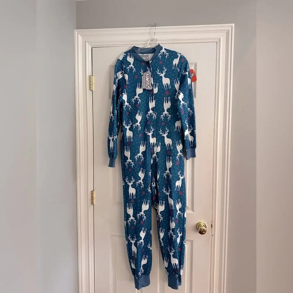 Funziez! Christmas Reindeers Pajama Adult Onesie Holiday Women SMALL Blue PJ NWT